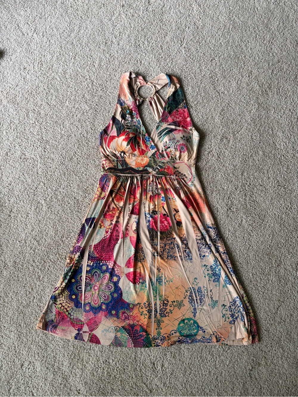 Y2K vintage Halter Floral Print Sleeveless A-Line Dress Ring Neck Boho sz large